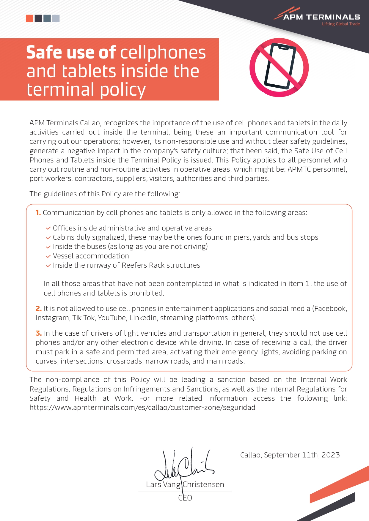 Safe use cellphones and tablets inside the port APM Terminals